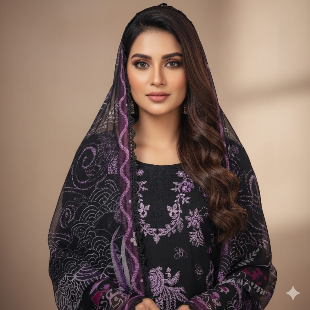 Silakaari Kurbat Pure Lawn All Over Embroidery With Sequin Black-Purple Full Patch Work  Ready-Made Dress