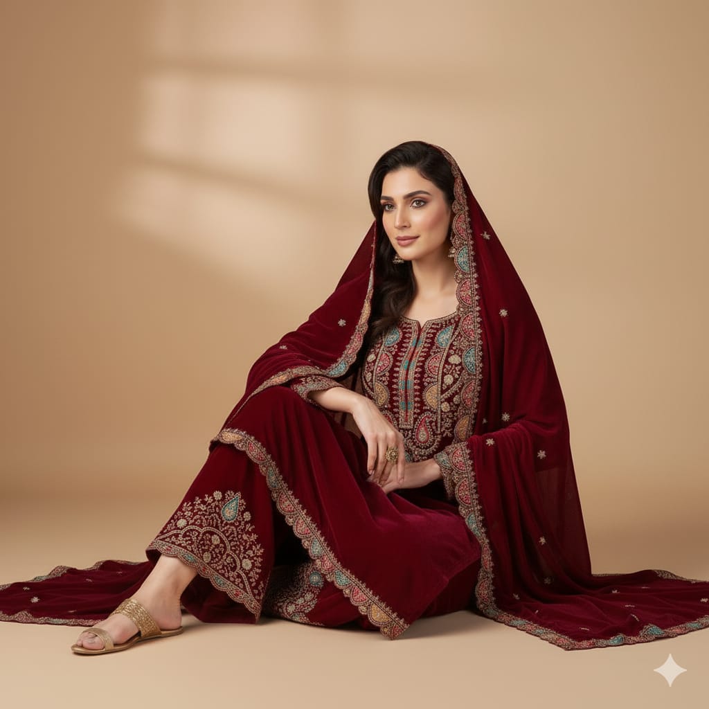 Silakaari Mahogony Maroon Gold Sequin Heavy Bridal Velvet Garara Palazzo Set