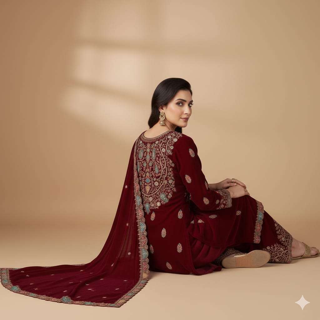 Silakaari Mahogony Maroon Gold Sequin Heavy Bridal Velvet Garara Palazzo Set