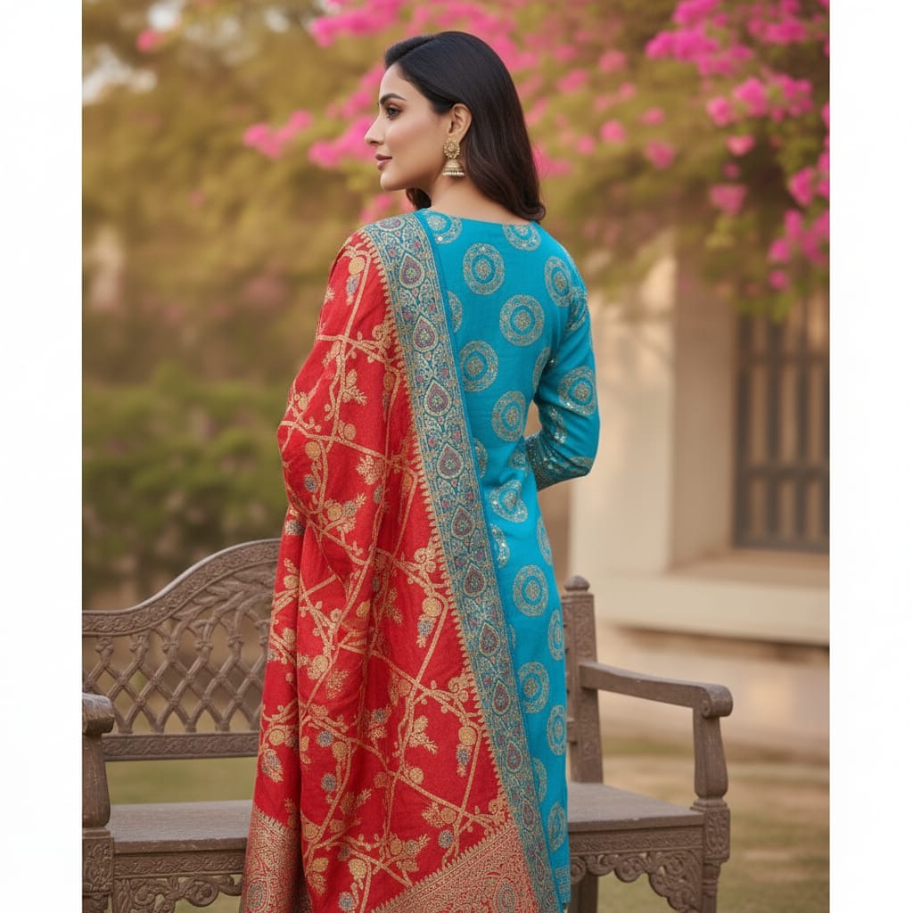 Silakaari Khoobsurat Blue-Red Pure Banarasi Katan Silk unstitch Salwar Suit
