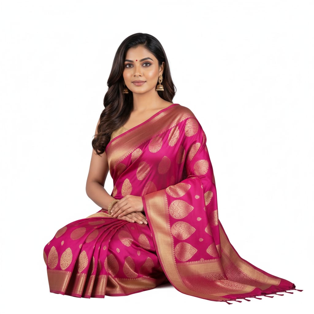 Silakaari Azmaish Hot Pink-Gold Tone Woven Silk Banarasi Saree