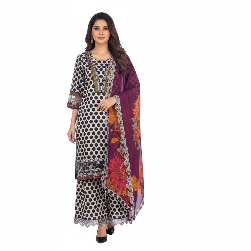 Silakaari Farhat Polka Dot Pure Lawn Beige-Black  Luxury  Ready-Made Dress
