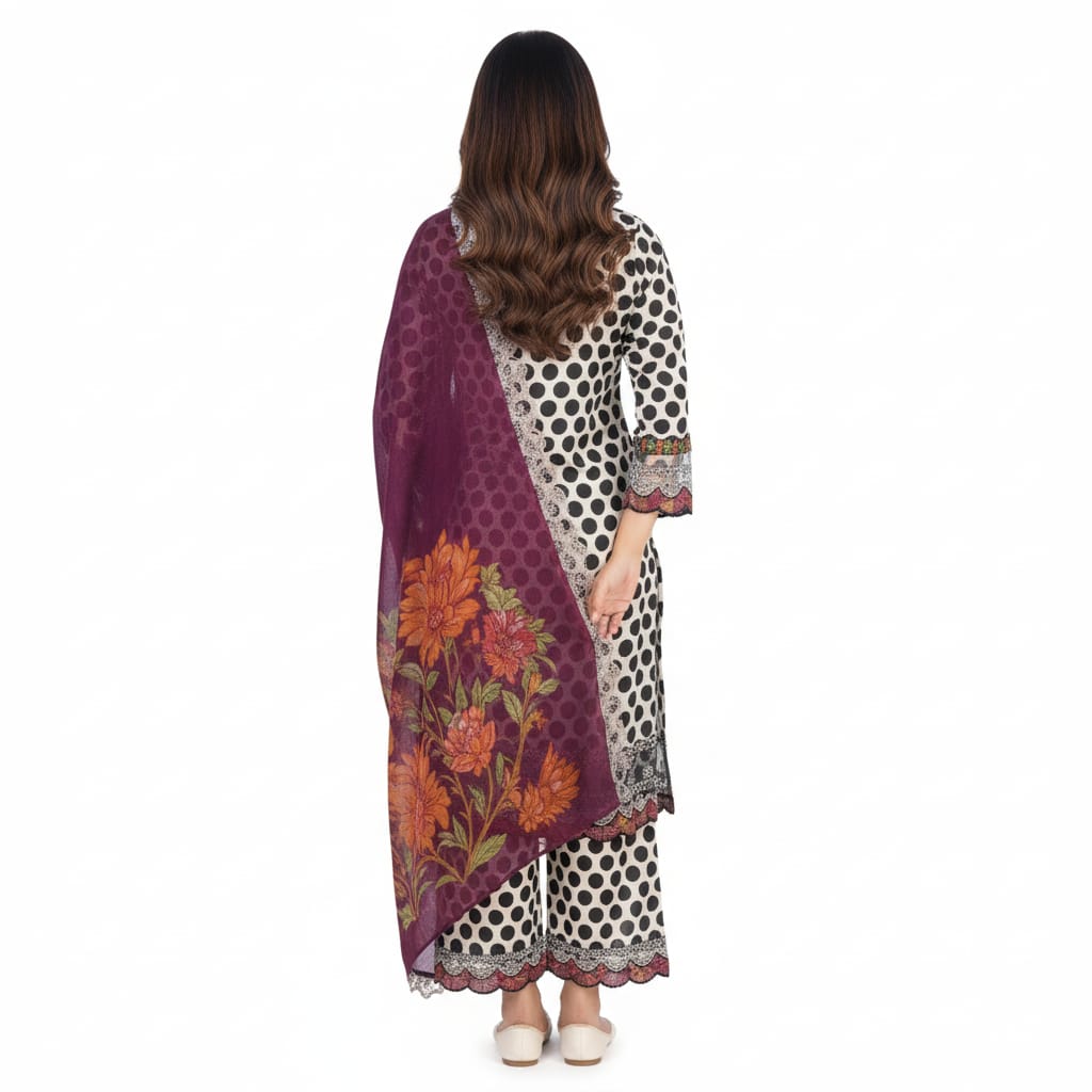 Silakaari Farhat Polka Dot Pure Lawn Beige-Black  Luxury  Ready-Made Dress