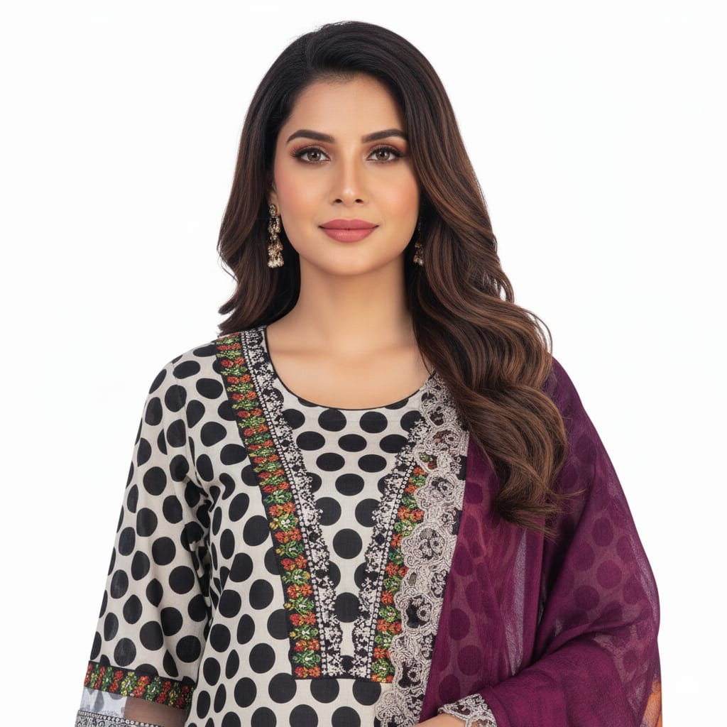 Silakaari Farhat Polka Dot Pure Lawn Beige-Black  Luxury  Ready-Made Dress