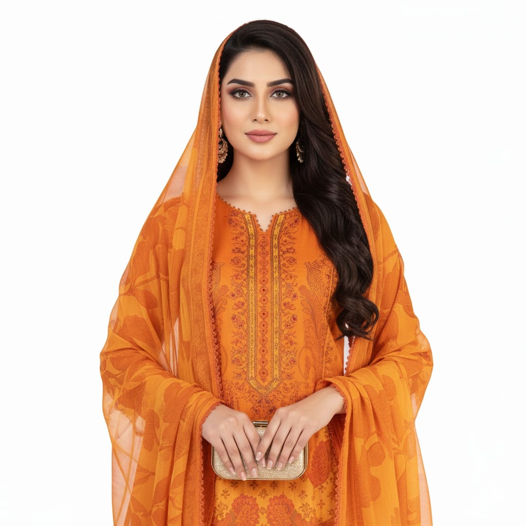 Silakaari Dhun Orange Pure Lawn Printed Lacy Embroidery  Ready-Made Dress