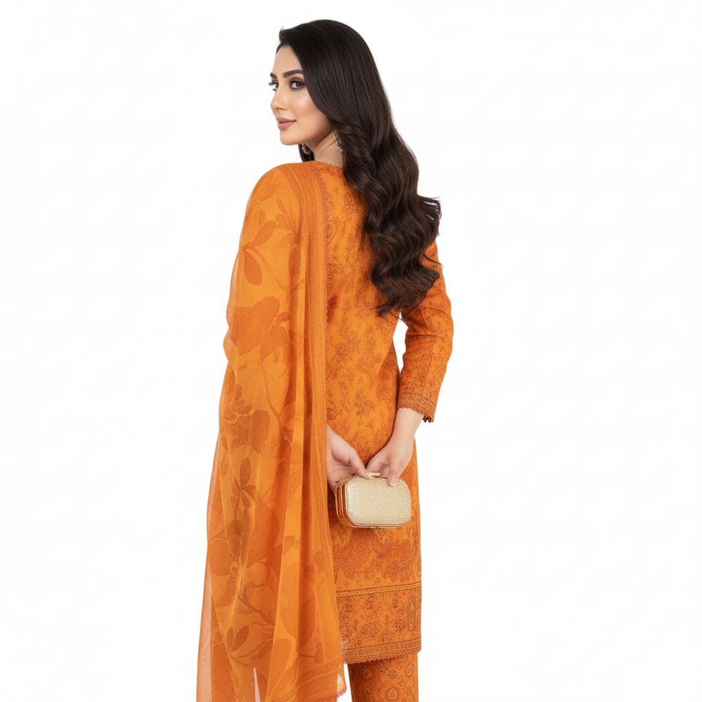 Silakaari Dhun Orange Pure Lawn Printed Lacy Embroidery  Ready-Made Dress