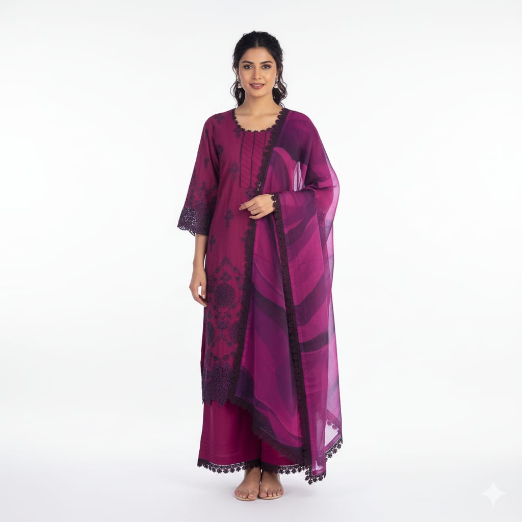 Silakaari Ehsaas Magenta Heavy Lacy Pure Lawn Sequin Embroidery  Ready-Made Dress