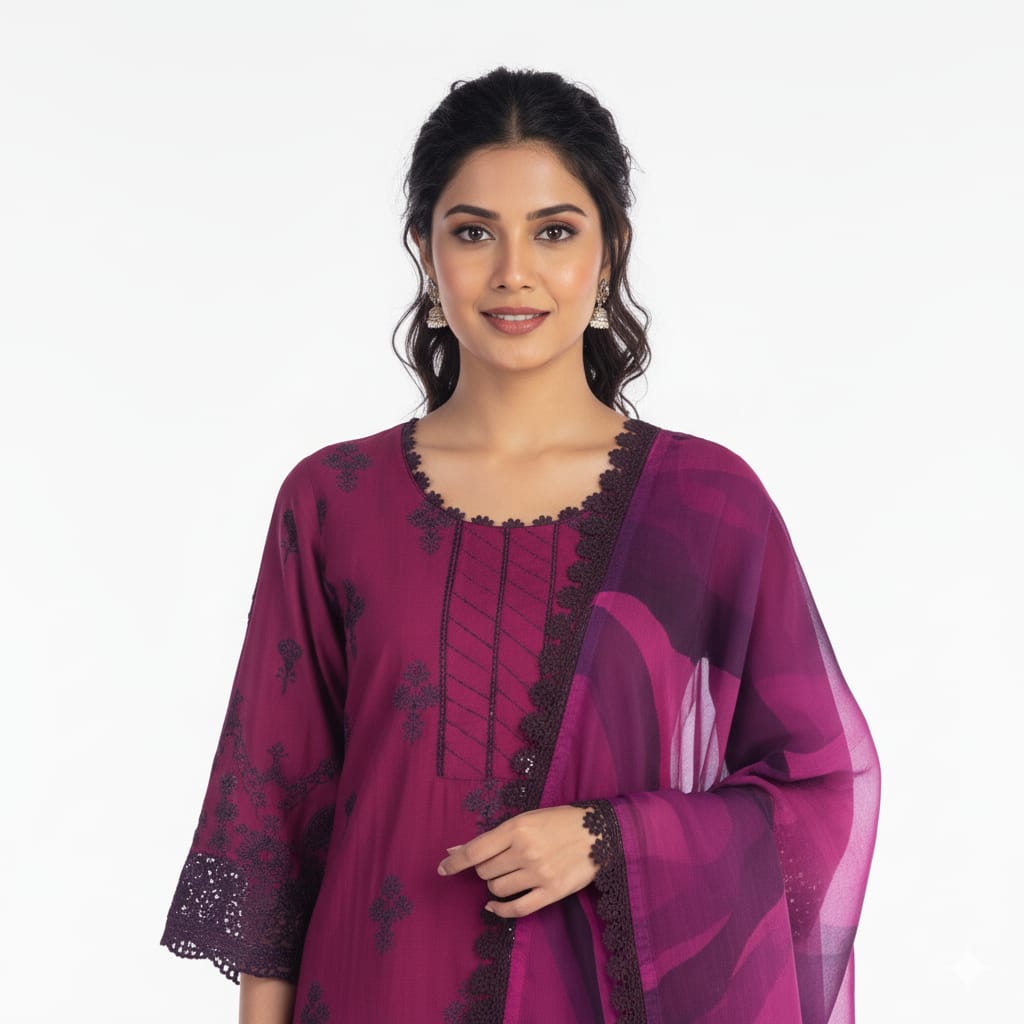 Silakaari Ehsaas Magenta Heavy Lacy Pure Lawn Sequin Embroidery  Ready-Made Dress