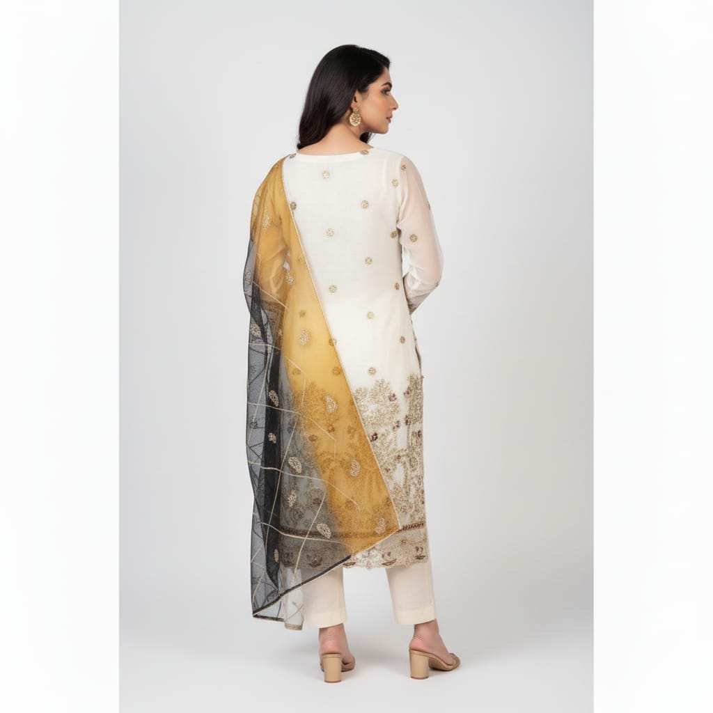 Silakaari Ronak Pure Organza Cream-Maroon Golden Zari Sequin Unstitched  Suits