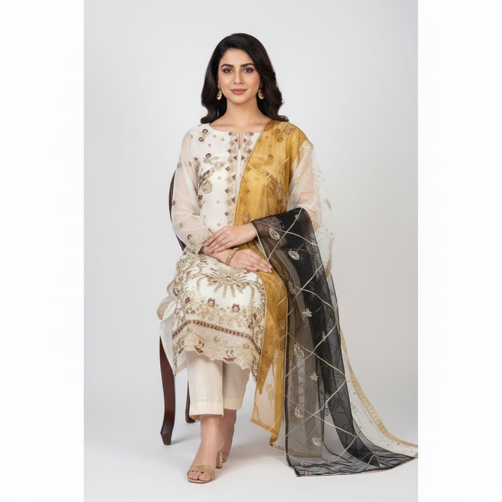Silakaari Ronak Pure Organza Cream-Maroon Golden Zari Sequin Unstitched  Suits