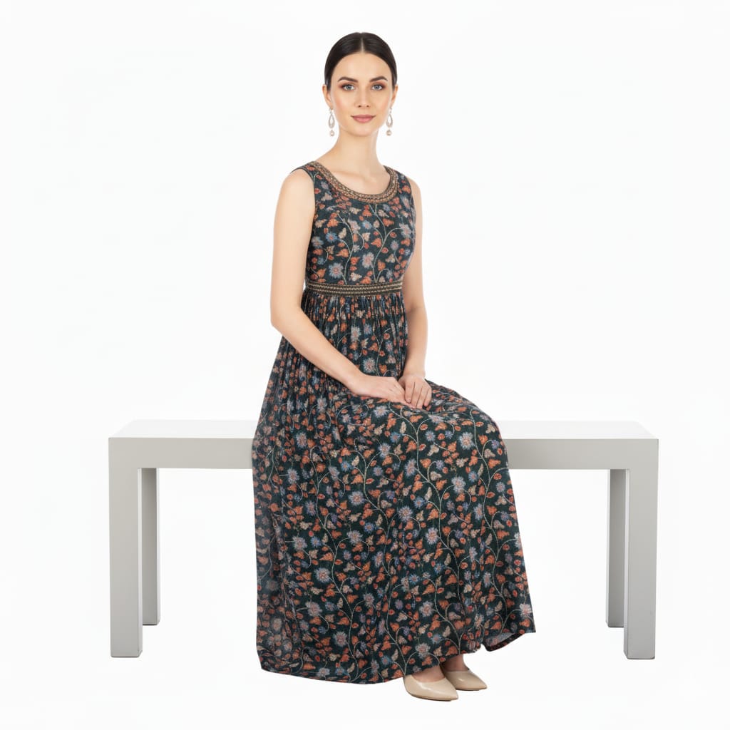 Silakaari Soul Dark Green Floral Printed Ethnic Gown