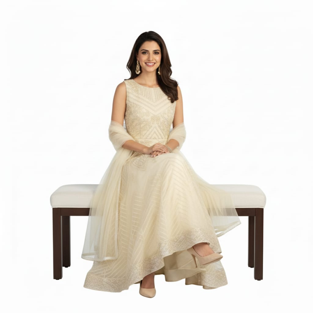 Silakaari Light Green Net Evening Gown with Pearls Sequins Diamond Embroidery