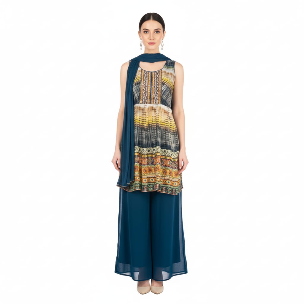 Silakaari Shehnaaz Teal Blue Mirror Front Panel Chinon Garara Set With Dupatta