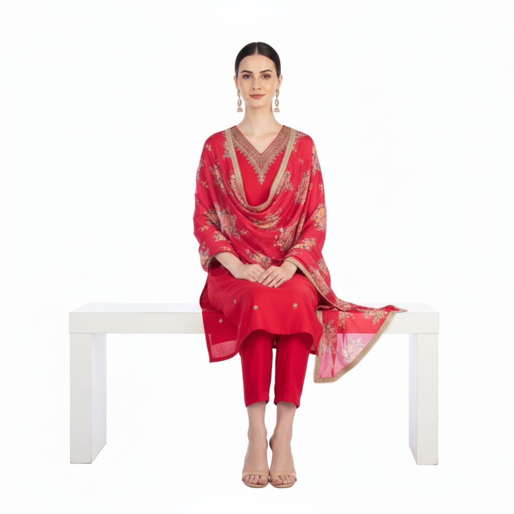 Silakaari Pure Heavy Hand Work V-Neckline Kurti Pant Dupatta Set