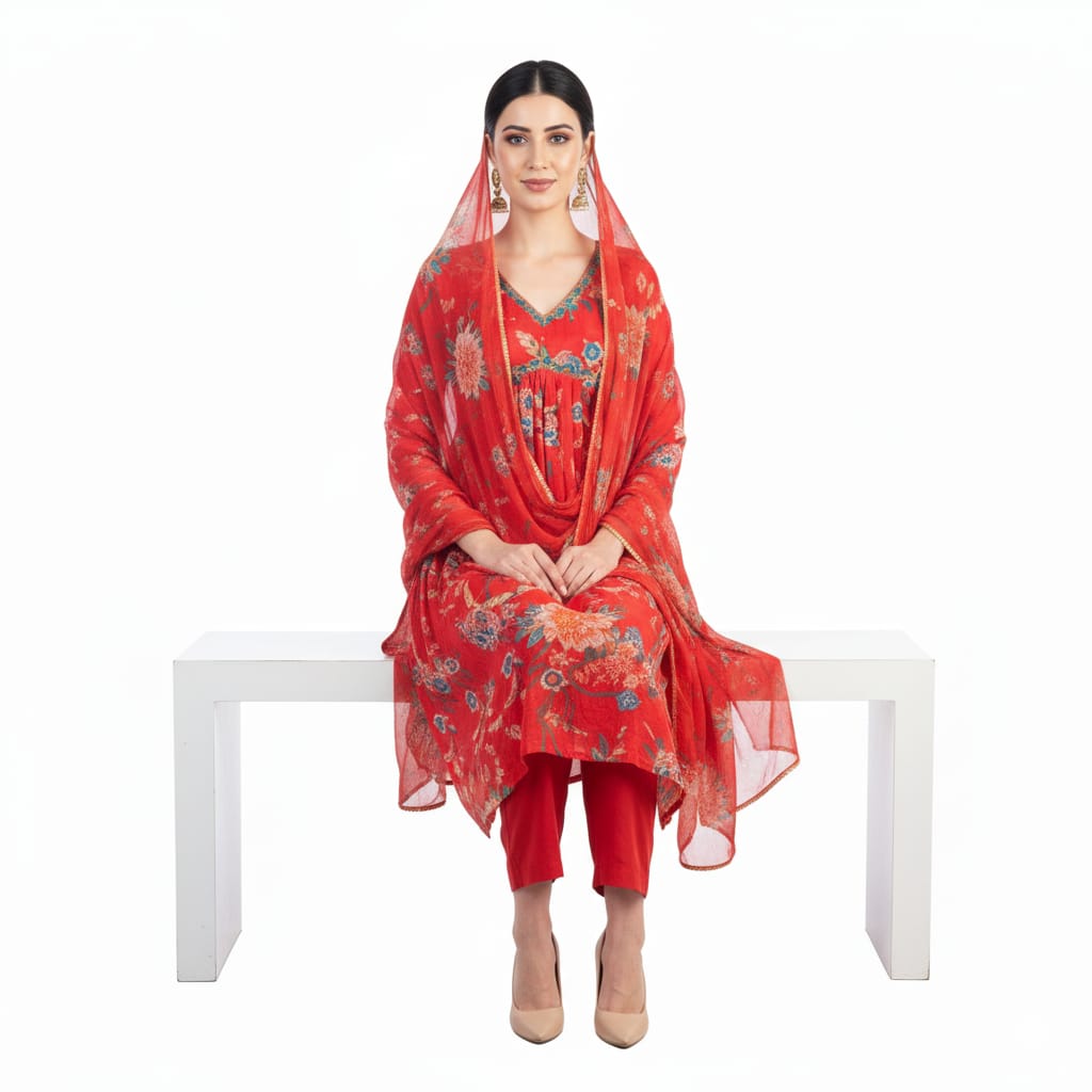 Silakaari Carrot Alia Style Pure Chinon Hand-work Kurti Set with Dupatta