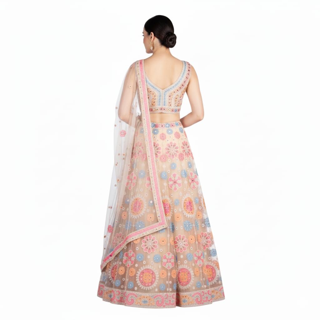 Silakaari Beige Pure Net Heavy Embroidery Mirror Thread Work Unstitched Lehenga Sharara Set