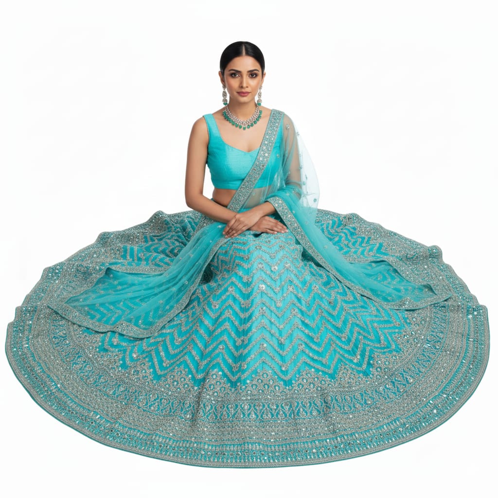 Silakaari Ferozi Zari Dimond Thread Work Net Party Wear Unstitched Lehenga Set