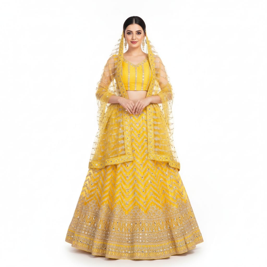 Silakaari Haldi Sun Yellow Zari Dimond Thread Work Net Party Wear Unstitched Lehenga Set