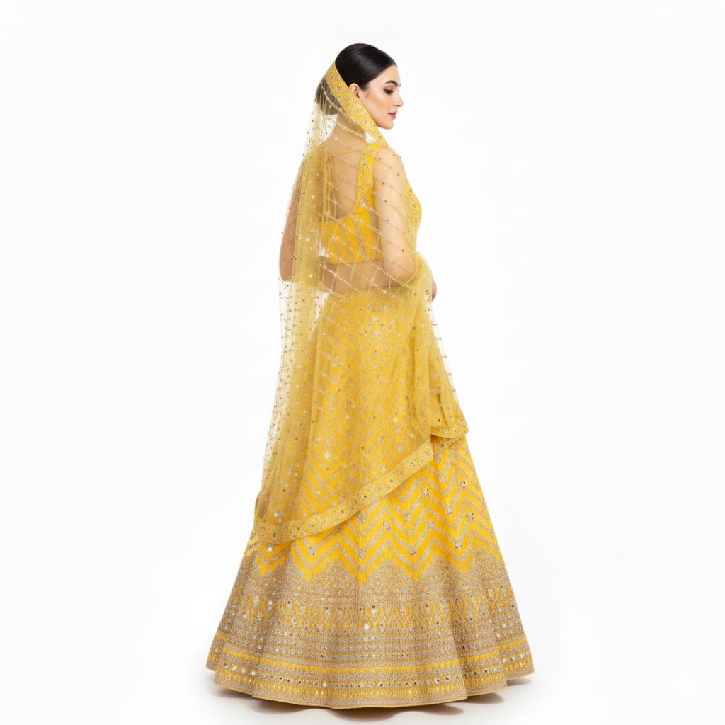 Silakaari Haldi Sun Yellow Zari Dimond Thread Work Net Party Wear Unstitched Lehenga Set
