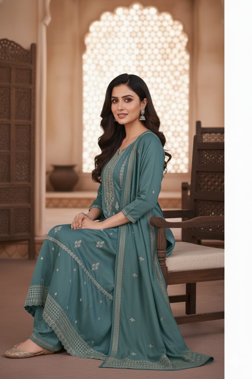 Silakaari Women's Fine Embroidered Dola Silk Kurti Pant Dupatta Set