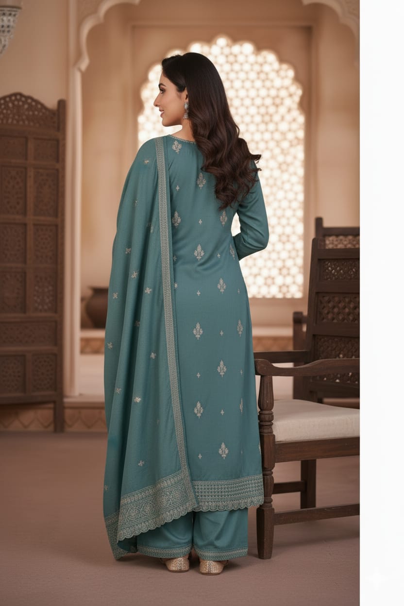 Silakaari Women's Fine Embroidered Dola Silk Kurti Pant Dupatta Set