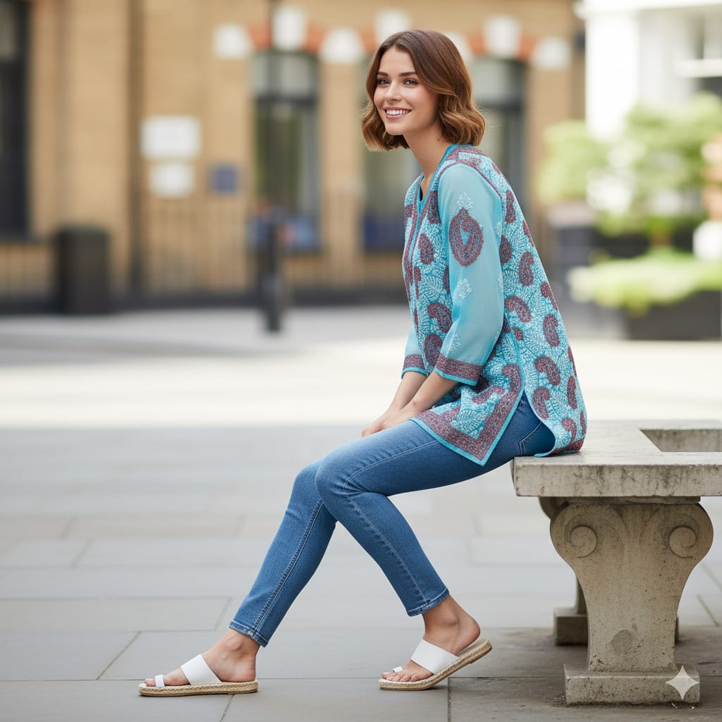 Silakaari Pure Georgette All Over Floral Soft Premium Lucknowi Short Kurti Slip With Pant Set