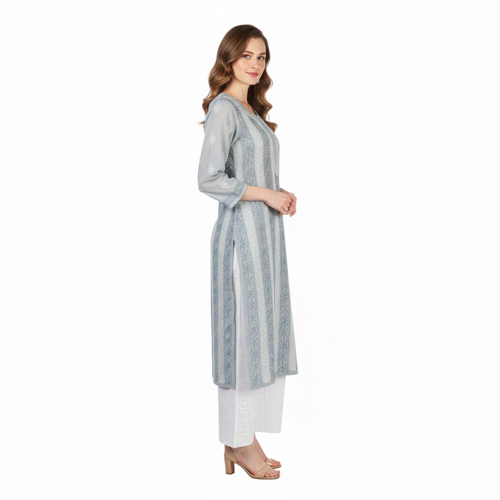 Silakaari Women's Pure Cotton All Over Panel Neck Point Premium Long Kurti Palazzo Set
