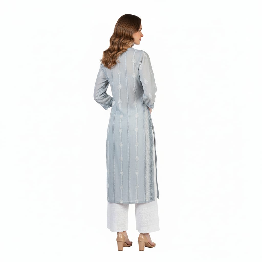Silakaari Women's Pure Cotton All Over Panel Neck Point Premium Long Kurti Palazzo Set