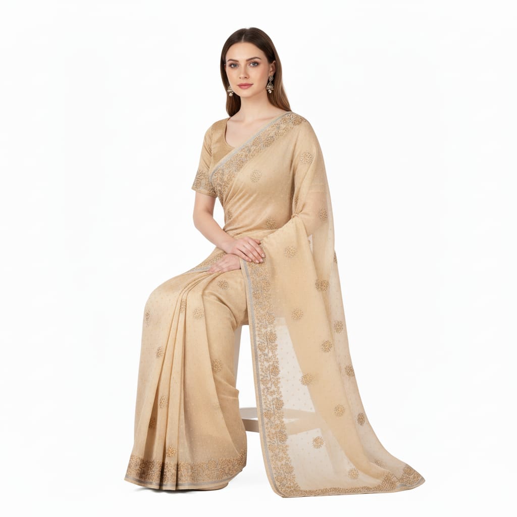 Silakaari Suvidha Beige-Gold Pure Chanderi Premium HandWork Partywear Saree