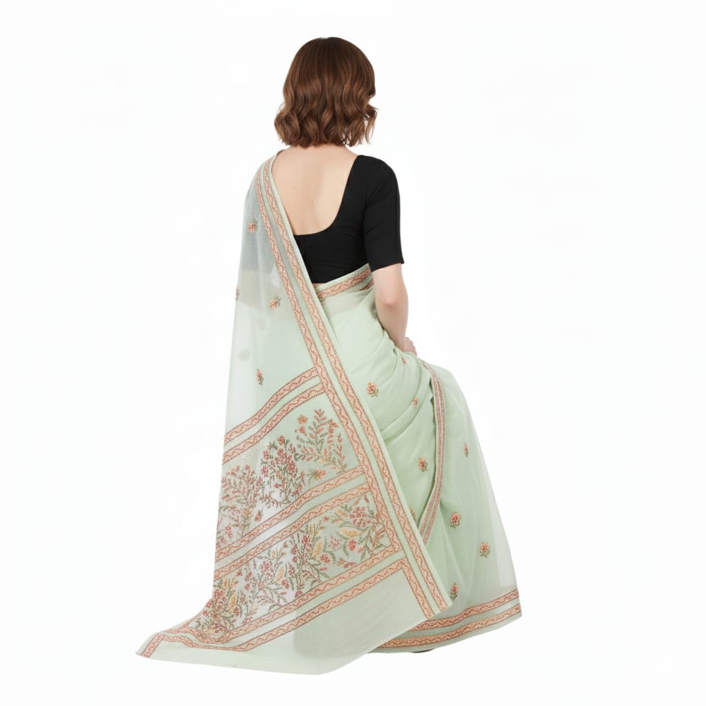 Silakaari Suhani Dual Tone Casual Green Lucknowi Embroidery Premium Saree