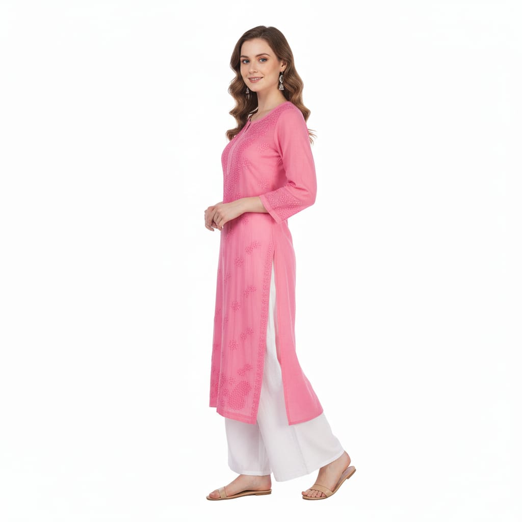 Silakaari Pure Muslin Heavy Self Theard Long Lucknowi Premium Kurti Palazzo Set