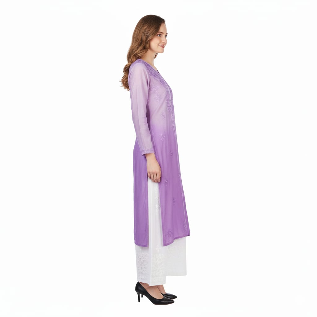Silakaari Women's Blaze Pure Chanderi Shaded Lucknowi Premium Long Kurti Palazzo Set