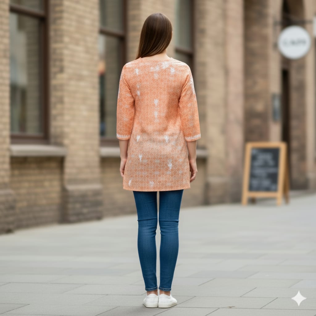 Silakaari Peach Foil Printed Lucknowi Straight Short Kurti With Pant Set