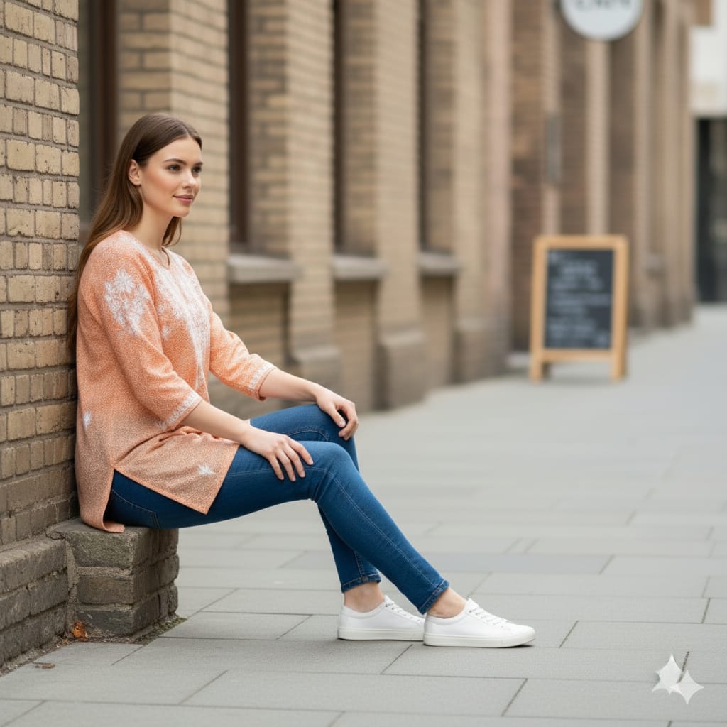 Silakaari Peach Foil Printed Lucknowi Straight Short Kurti With Pant Set