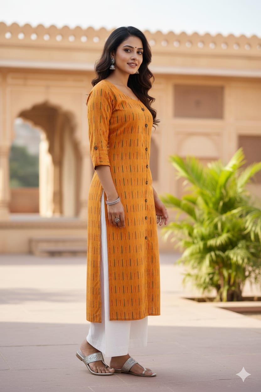 Silakaari Tahira Yellow Printed Straight Cut Cotton Long Kurti