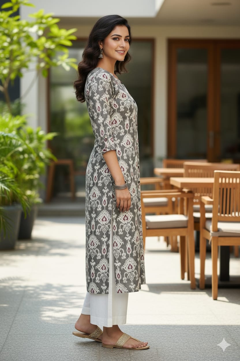 Silakaari Urwa Grey-White Printed Cotton Straight Long Kurti