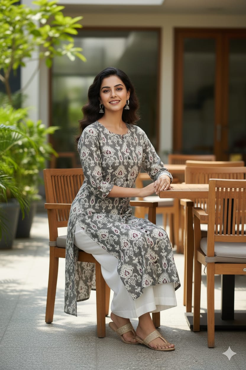 Silakaari Urwa Grey-White Printed Cotton Straight Long Kurti