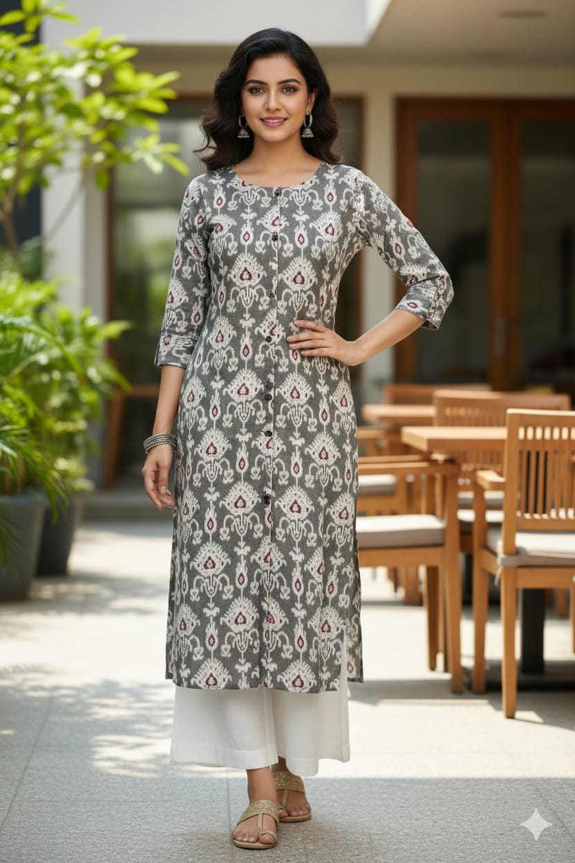 Silakaari Urwa Grey-White Printed Cotton Straight Long Kurti