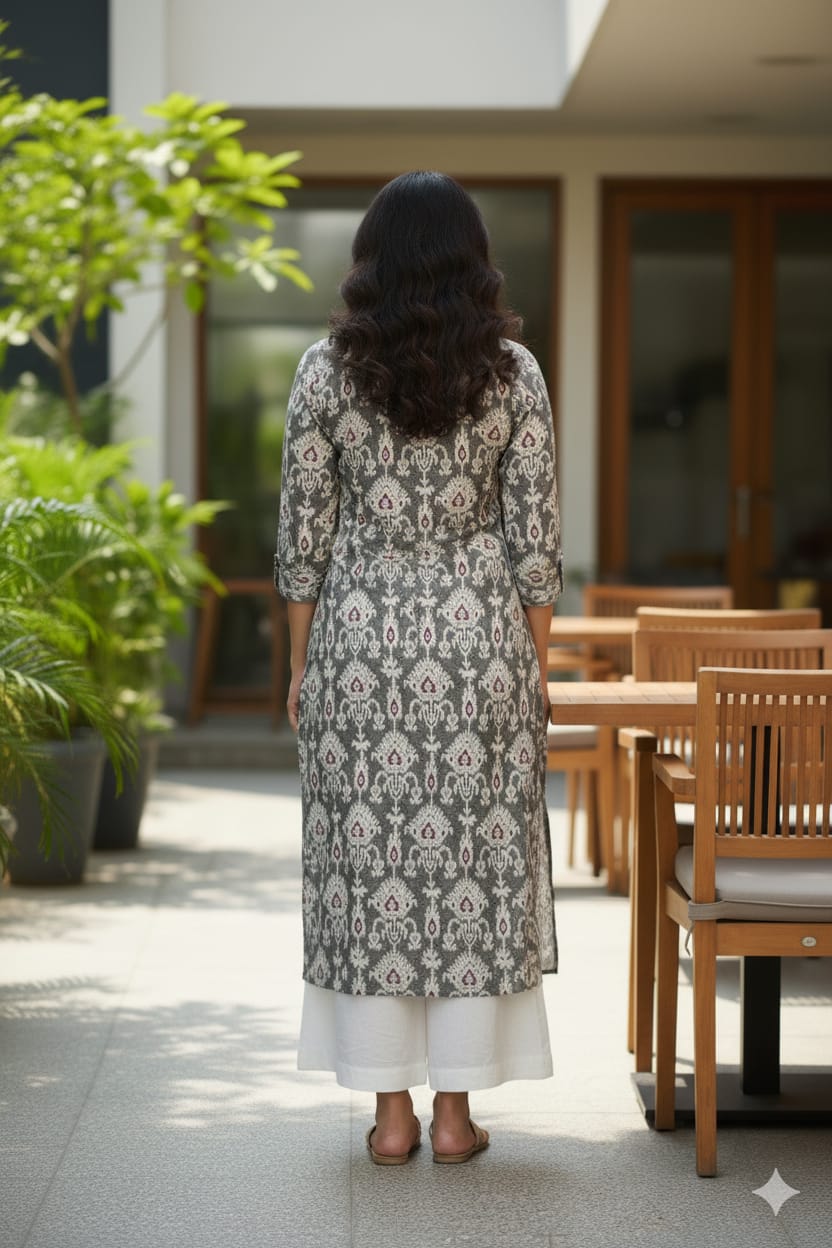 Silakaari Urwa Grey-White Printed Cotton Straight Long Kurti