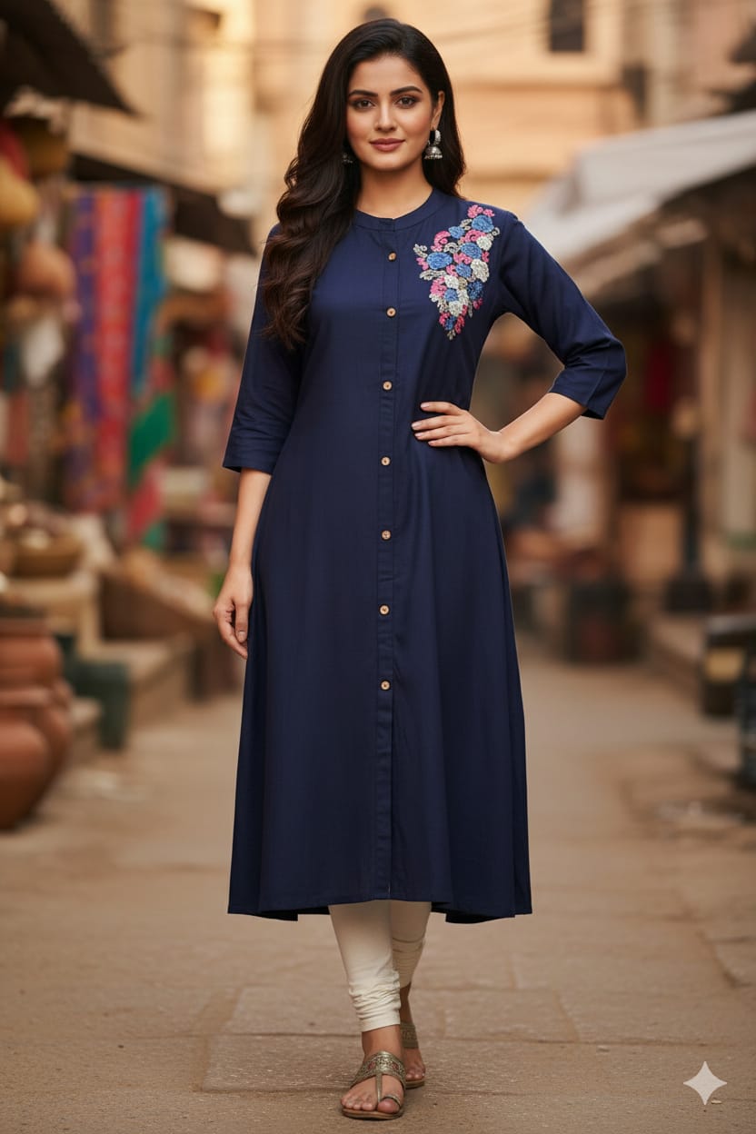 Silakaari Safiya Navy Blue Rayon Embroidery Long Kurti