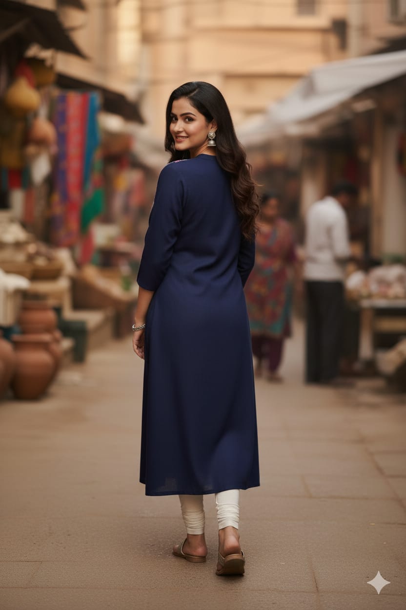 Silakaari Safiya Navy Blue Rayon Embroidery Long Kurti