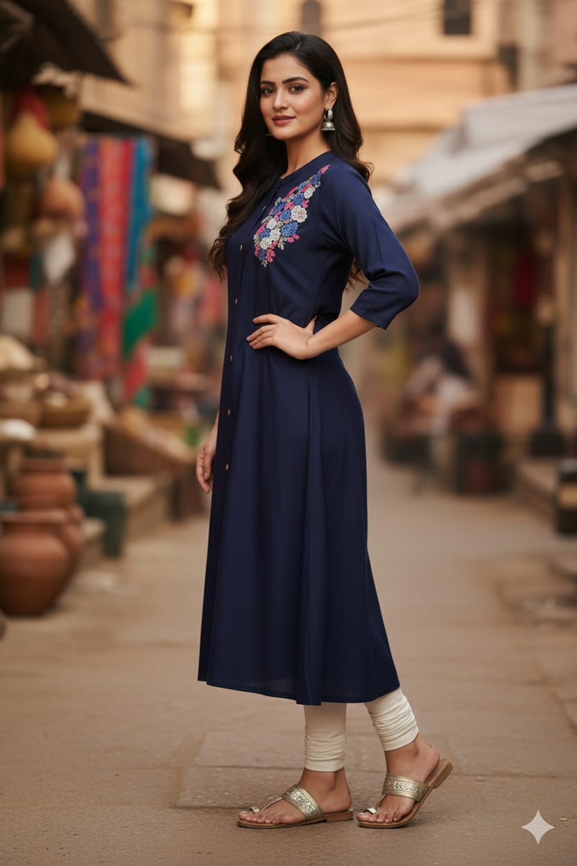 Silakaari Safiya Navy Blue Rayon Embroidery Long Kurti