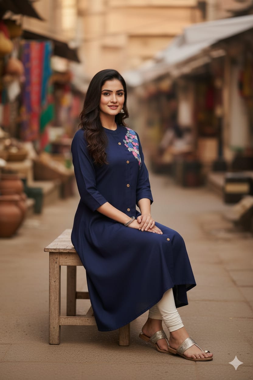 Silakaari Safiya Navy Blue Rayon Embroidery Long Kurti