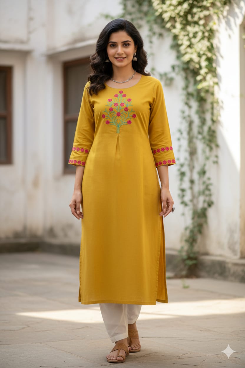 Silakaari Yusra Yellow Rayon Aline Embroidery Kurti