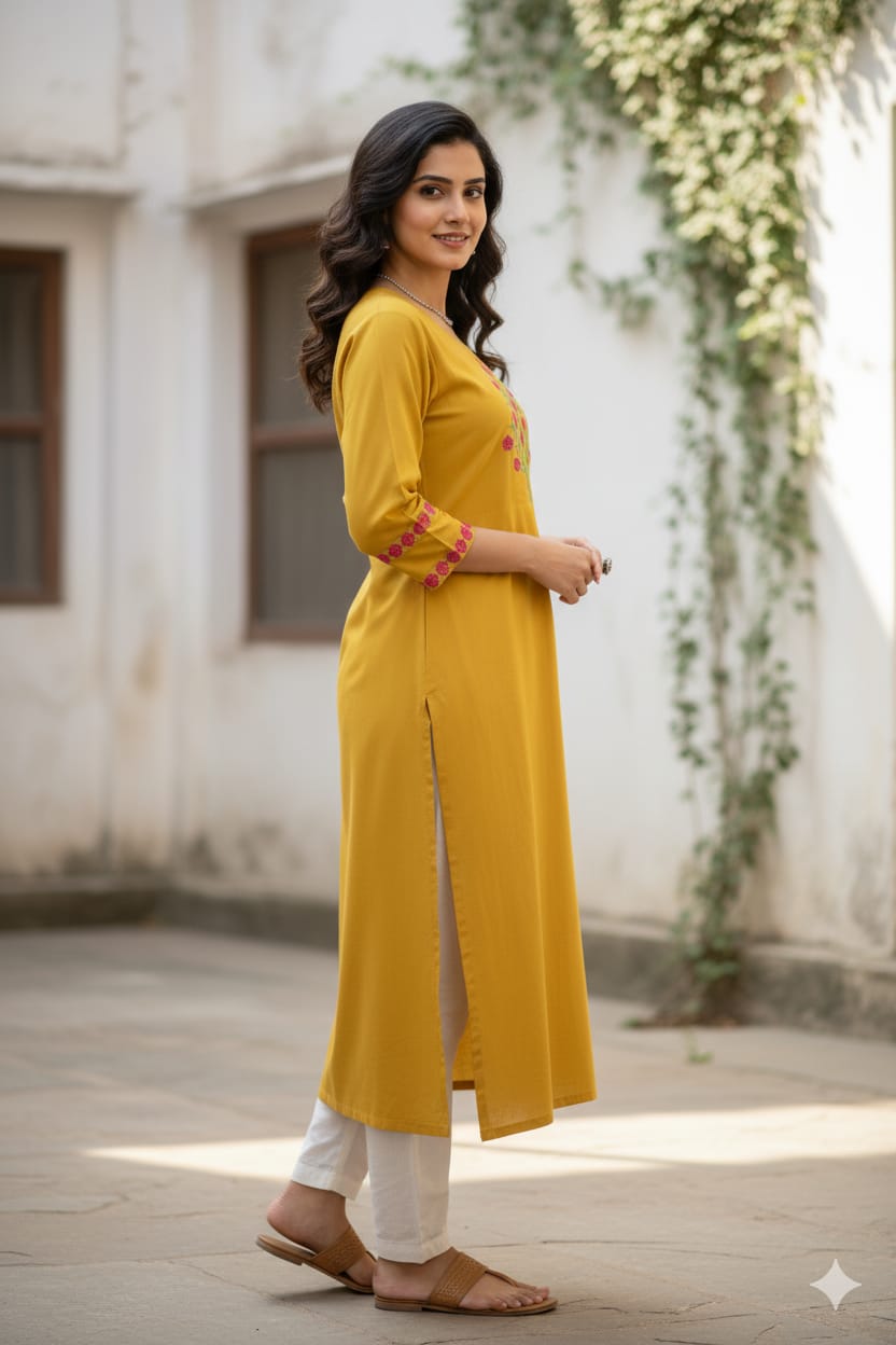 Silakaari Yusra Yellow Rayon Aline Embroidery Kurti