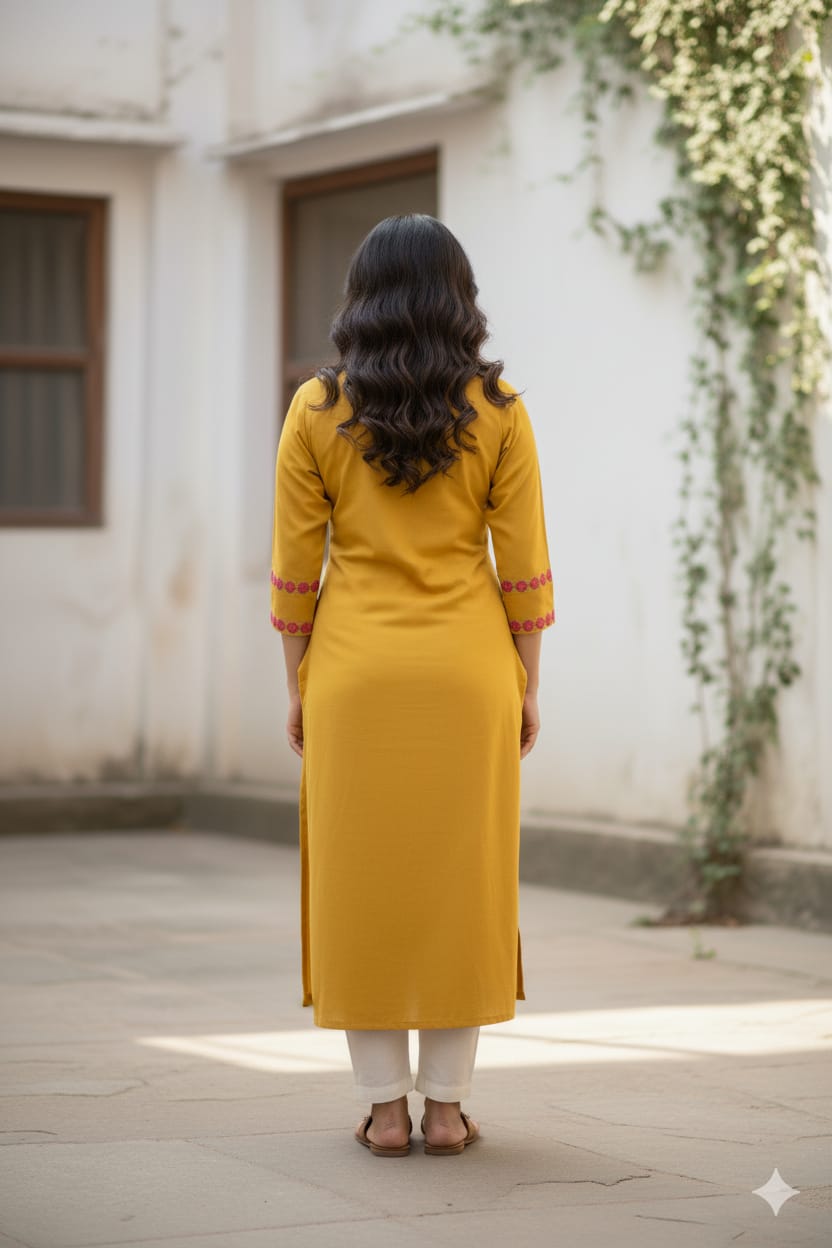 Silakaari Yusra Yellow Rayon Aline Embroidery Kurti