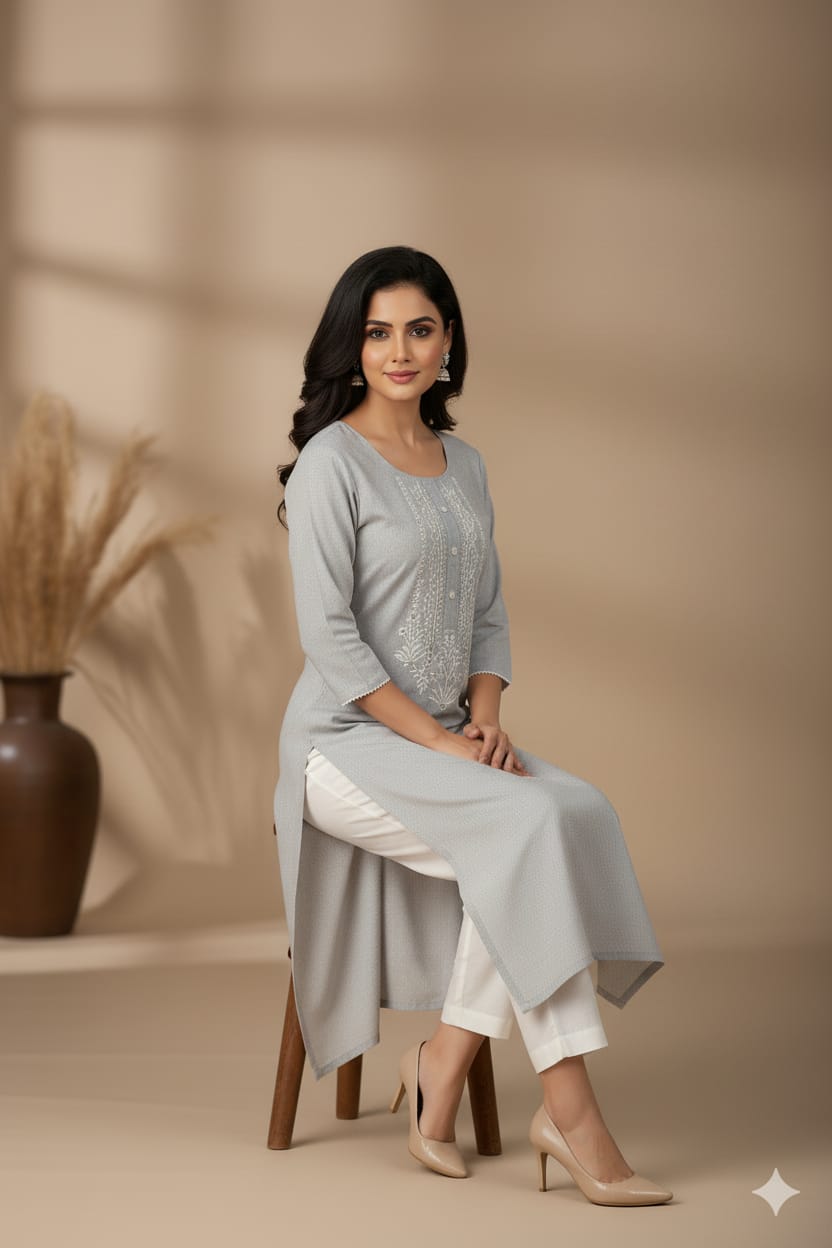 Silakaari Falak Handloom Grey Embroidered Straight Long Kurti