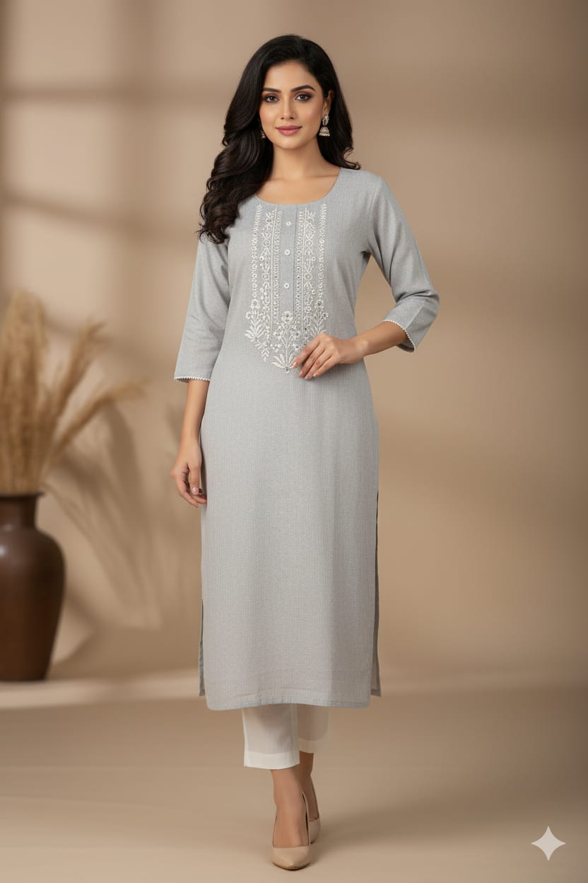 Silakaari Falak Handloom Grey Embroidered Straight Long Kurti