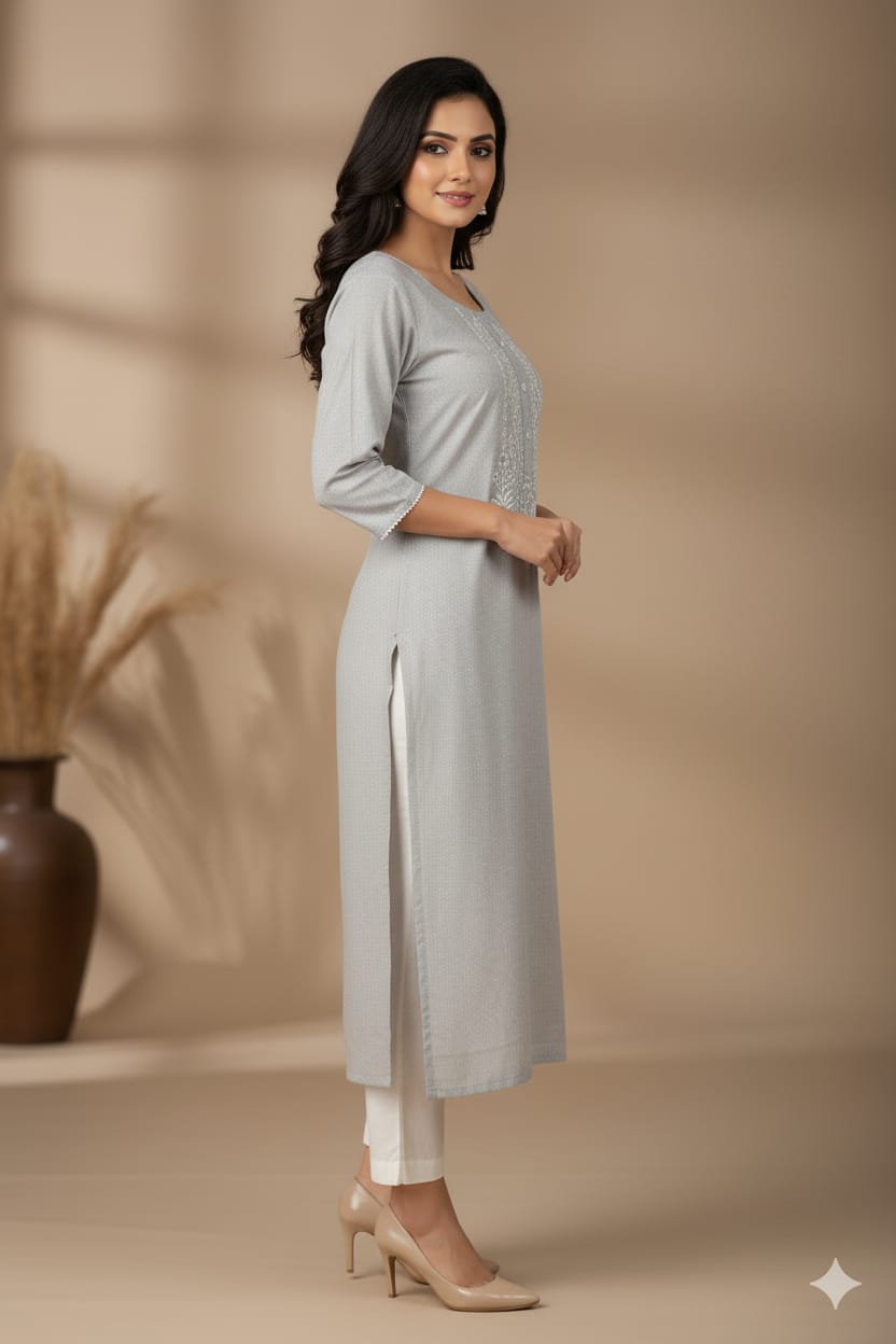 Silakaari Falak Handloom Grey Embroidered Straight Long Kurti