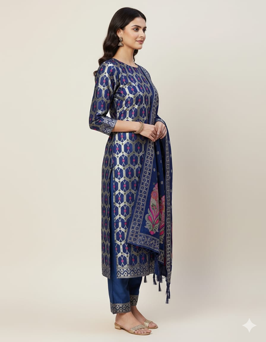 Silakaari Women's Heavy Zari Work Unstitched Dress Material